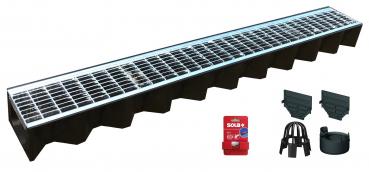 SET 7 x Entwässerungsrinne mit Maschenrost 1 Meter incl. Schnurwasserwaage und Zubehörset